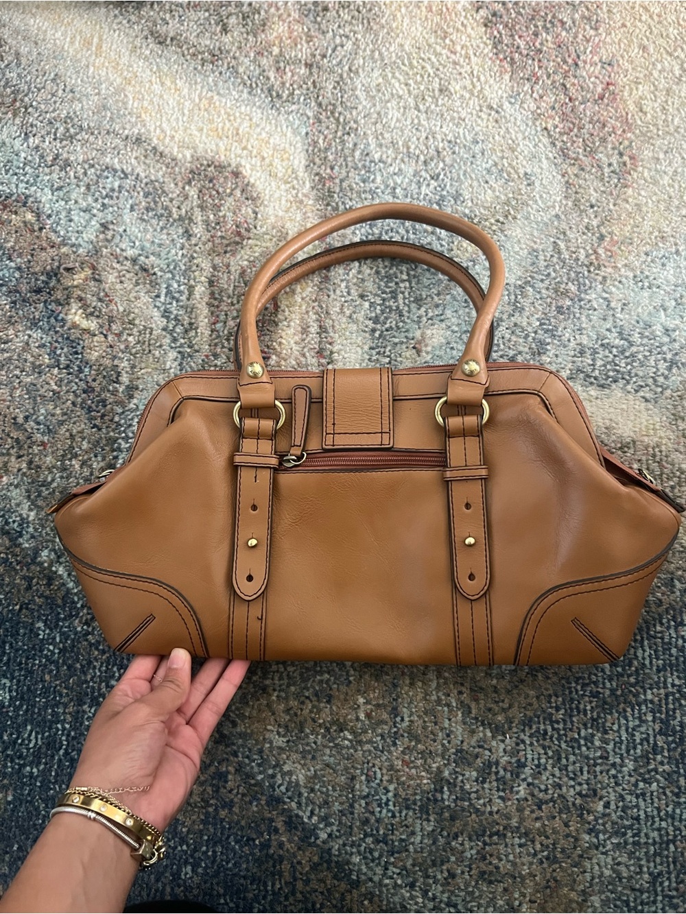 Etienne Aigner Tan Leather Satchel with Gold-Tone Lock - Picture 3 of 3